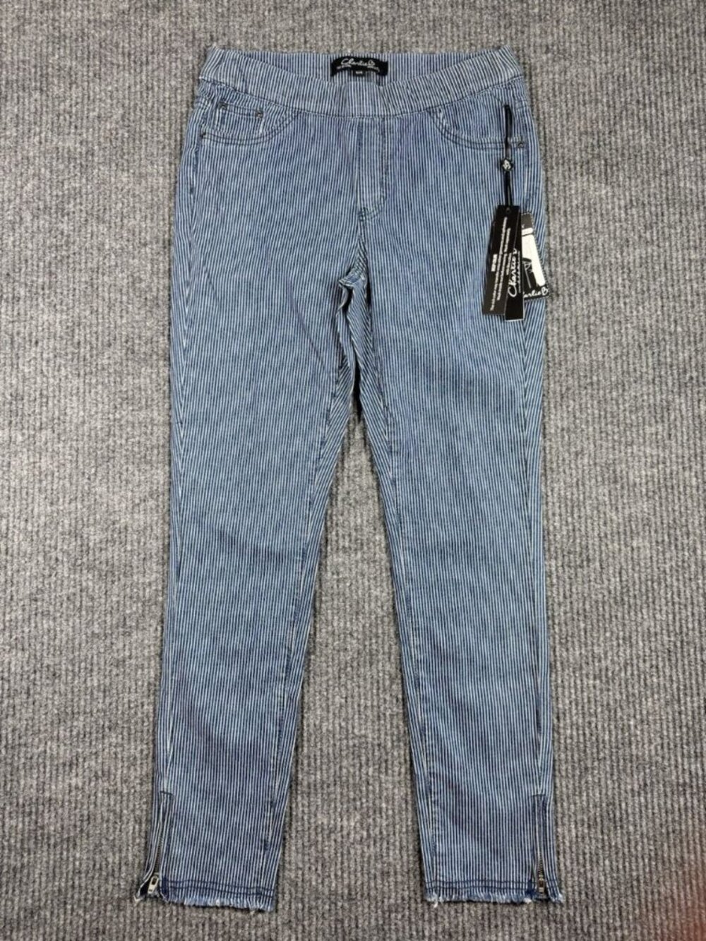 Charlie B Pull On Jeans Womens 4 Blue White Pinstripe Raw Zipper Hem Ankle NEW
